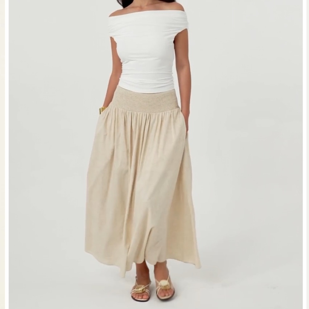 OGL Beige Linen Flow Long Maxi Skirt With Pockets Elastic Waist Lined Effortless - Picture 6 of 14